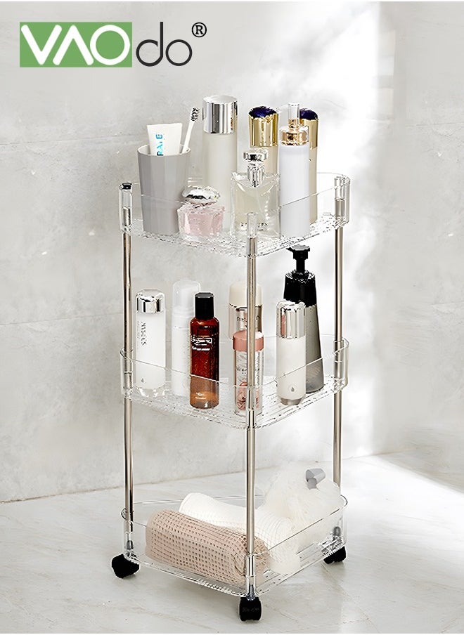 VAOdo 3-Tier Utility Rolling Cart Acrylic Storage Rolling Cart Mobile Utility Cart Corner Storage Shelves Organizer Cart 3 Hanging Baskets Easy Assembly for Bathroom Kitchen Office Workshop Clear  - Image 1