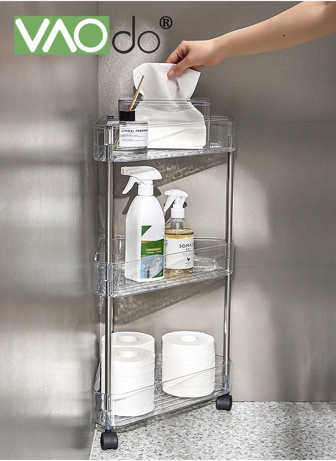 VAOdo 3-Tier Utility Rolling Cart Acrylic Storage Rolling Cart Mobile Utility Cart Corner Storage Shelves Organizer Cart 3 Hanging Baskets Easy Assembly for Bathroom Kitchen Office Workshop Clear  - Image 2