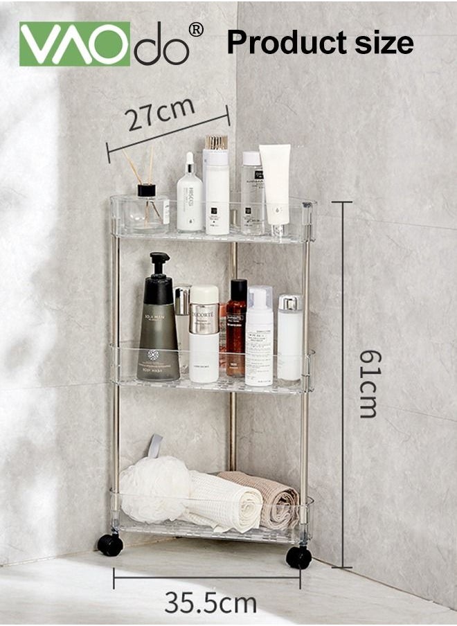 VAOdo 3-Tier Utility Rolling Cart Acrylic Storage Rolling Cart Mobile Utility Cart Corner Storage Shelves Organizer Cart 3 Hanging Baskets Easy Assembly for Bathroom Kitchen Office Workshop Clear  - Image 3