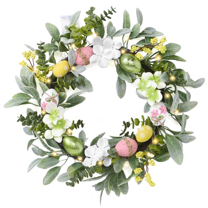 Valery Madelyn 18'' Lighted Easter Wreaths for Front Door, Pre-lit Spring Door Wreath with Pastel Eggs, Daisy Flowers & Silk Lambs Ear Leaves, Artificial Farmhouse Indoor Outdoor Wall Window Decor - Image 1