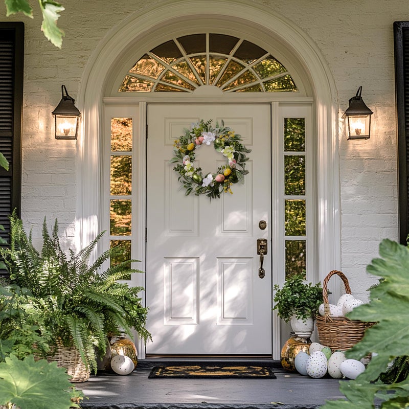 Valery Madelyn 18'' Lighted Easter Wreaths for Front Door, Pre-lit Spring Door Wreath with Pastel Eggs, Daisy Flowers & Silk Lambs Ear Leaves, Artificial Farmhouse Indoor Outdoor Wall Window Decor - Image 4