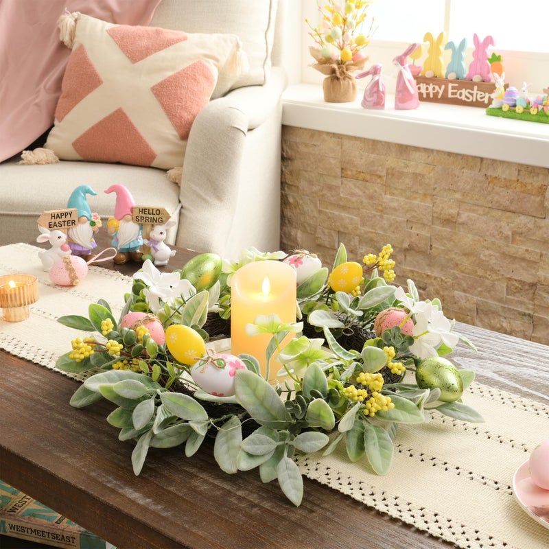 Valery Madelyn 18'' Lighted Easter Wreaths for Front Door, Pre-lit Spring Door Wreath with Pastel Eggs, Daisy Flowers & Silk Lambs Ear Leaves, Artificial Farmhouse Indoor Outdoor Wall Window Decor - Image 3