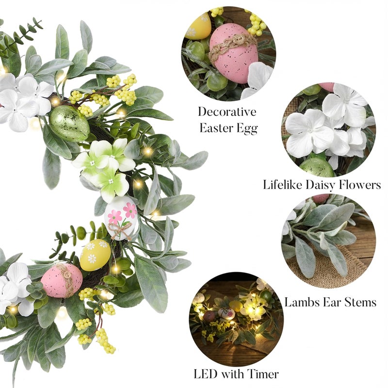 Valery Madelyn 18'' Lighted Easter Wreaths for Front Door, Pre-lit Spring Door Wreath with Pastel Eggs, Daisy Flowers & Silk Lambs Ear Leaves, Artificial Farmhouse Indoor Outdoor Wall Window Decor - Image 5
