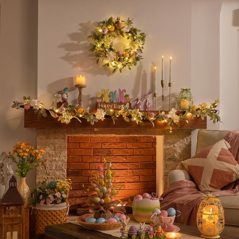 Valery Madelyn 18'' Lighted Easter Wreaths for Front Door, Pre-lit Spring Door Wreath with Pastel Eggs, Daisy Flowers & Silk Lambs Ear Leaves, Artificial Farmhouse Indoor Outdoor Wall Window Decor - Image 2