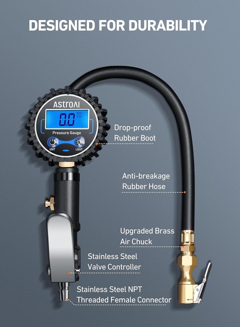 Generic AstroAI Digital Tire Pressure Gauge with Inflator(3-250 PSI 0.1 for Display Resolution), Heavy Duty Air Chuck and Compressor Accessories with Rubber Hose and Quick Connect Coupler, Blue - Image 4