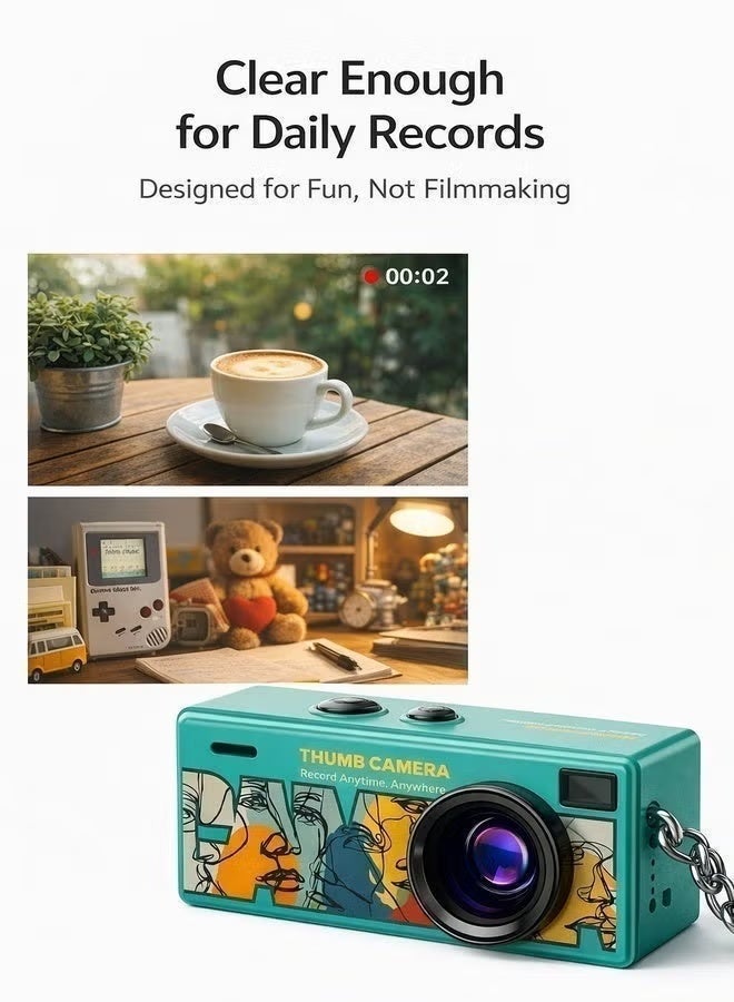 Mini Digital Camera 1080P HD Video Recorder, Retro Thumb Pocket Camera with 0.96" LCD Screen, Portable Vlogging Keychain Camera, 5 Filters, PC Webcam, Mic & Speaker, Rechargeable Travel Camera for Kids, Teens & Content Creators, Supports 32GB TF Card (Teal) - Image 5