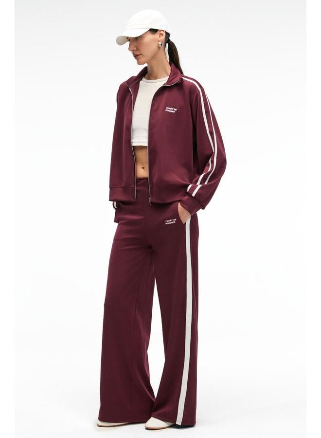GRIMELANGE FINYARA Women's Oversized Double Pocket Embroidered and Side Stripe Detailed Burgundy Sweatpants. - Image 1