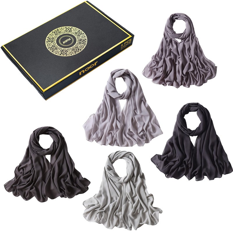 Noor طقم حجاب شيفون NOOR للنساء - عبوة من 5، وشاح خفيف غير قابل للانزلاق، 69"x28" قماش فاخر، جاهز للاستخدام اليومي والهدايا (ألوان مختلطة 7) - Image 4