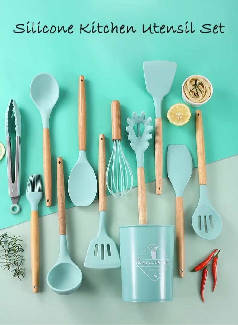 Arabest Kitchen Utensil Set, 12 Pcs Silicone Cooking Tools for Non-Stick, Heat Resistant 230°C (446°F), with Utensil Holder, Spatula Spoon Ladle Tongs Whisk, BPA-Free, Dishwasher Safe, Mint Green - Image 2