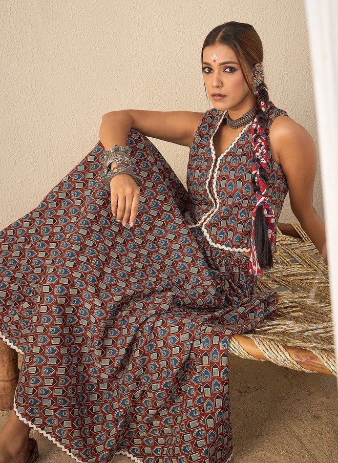 WineRed Wine Red Women Pure Cotton Geometric Maxi Flared Skirt - Image 5