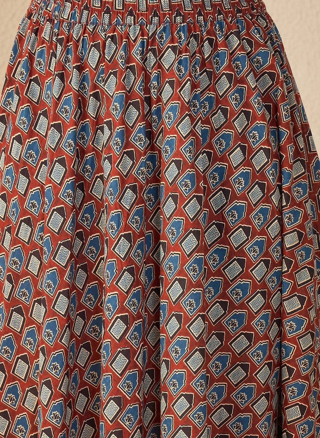 WineRed Wine Red Women Pure Cotton Geometric Maxi Flared Skirt - Image 4