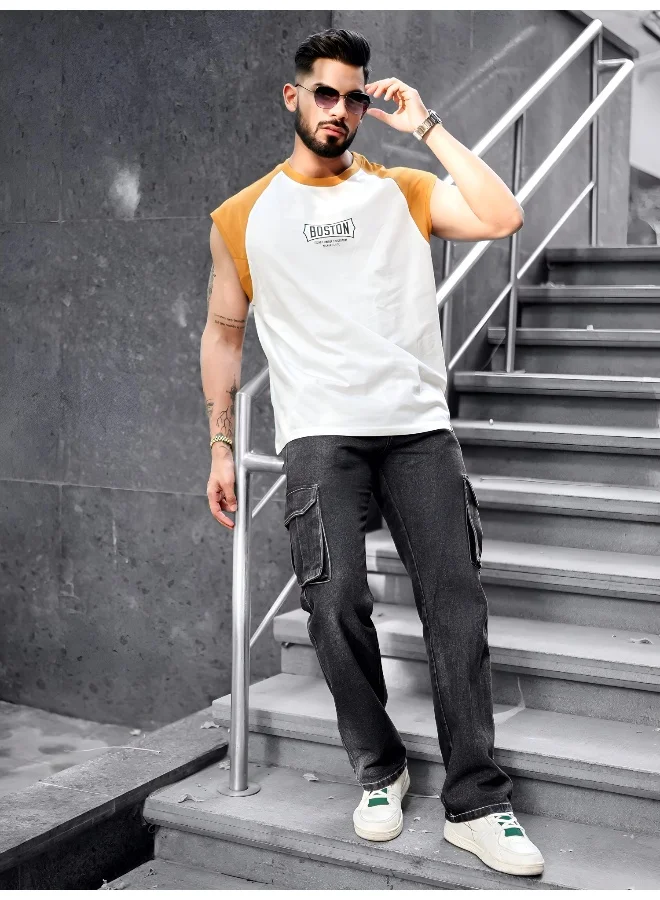 Maniac Mens Printed Round Neck Raglan Sleeveless White and Mustard Cotton T-Shirt