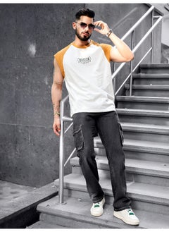 Maniac Mens Printed Round Neck Raglan Sleeveless White and Mustard Cotton T-Shirt  - Image 5