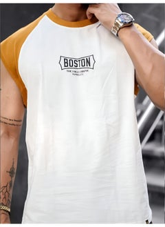 Maniac Mens Printed Round Neck Raglan Sleeveless White and Mustard Cotton T-Shirt  - Image 4