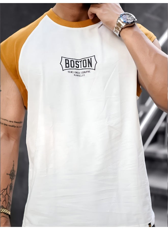 Maniac Mens Printed Round Neck Raglan Sleeveless White and Mustard Cotton T-Shirt  - Image 4