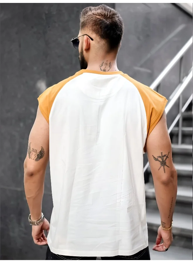 Maniac Mens Printed Round Neck Raglan Sleeveless White and Mustard Cotton T-Shirt