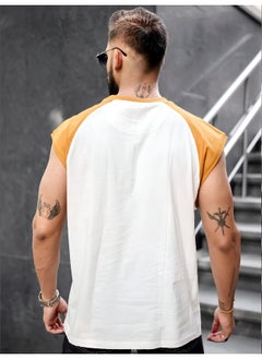 Maniac Mens Printed Round Neck Raglan Sleeveless White and Mustard Cotton T-Shirt  - Image 3