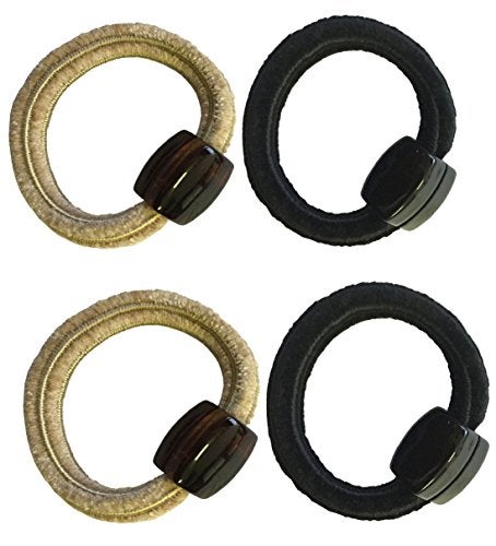 Parcelona French Pretties Beige Shell Black Chenille Ponytail Holder Hair Bands Elastics Tie 4 Pcs