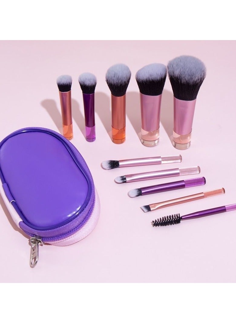 general 10 Mini Makeup Brushes Crystal Handle Portable Powder Brush Short Handle Brush Mini Crystal Handle 10 Brush Set + Brush Bag [Double Color] - Image 1