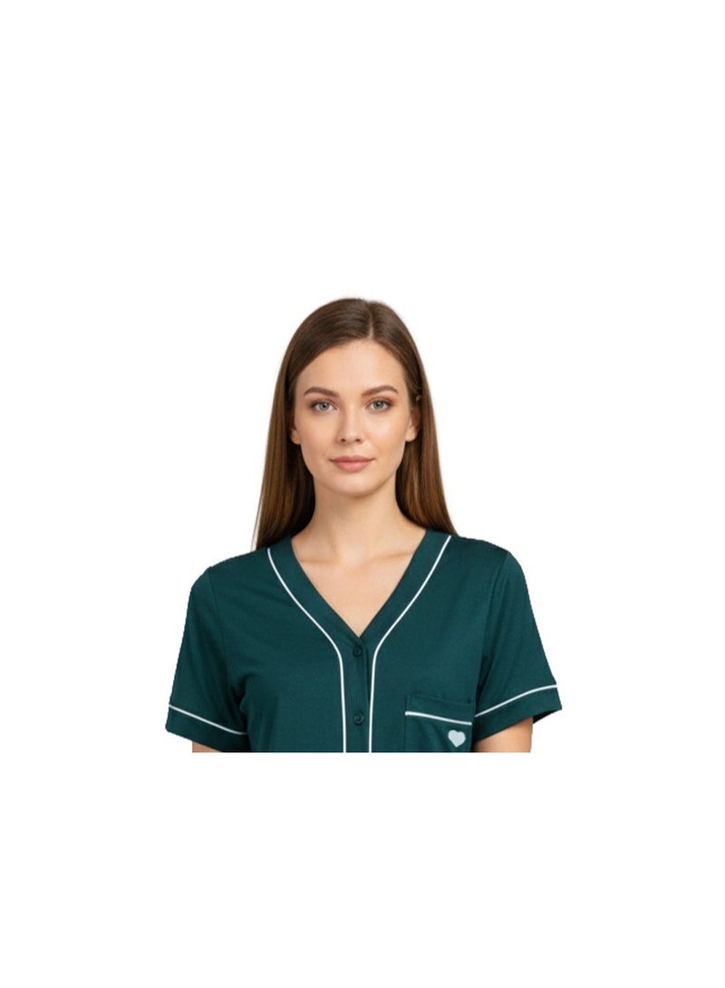 Dadoush Women's Polyester Short Sleeve V Neck Button Front Pyjama With Pocket Navy Blue Olive Silver - Image 4
