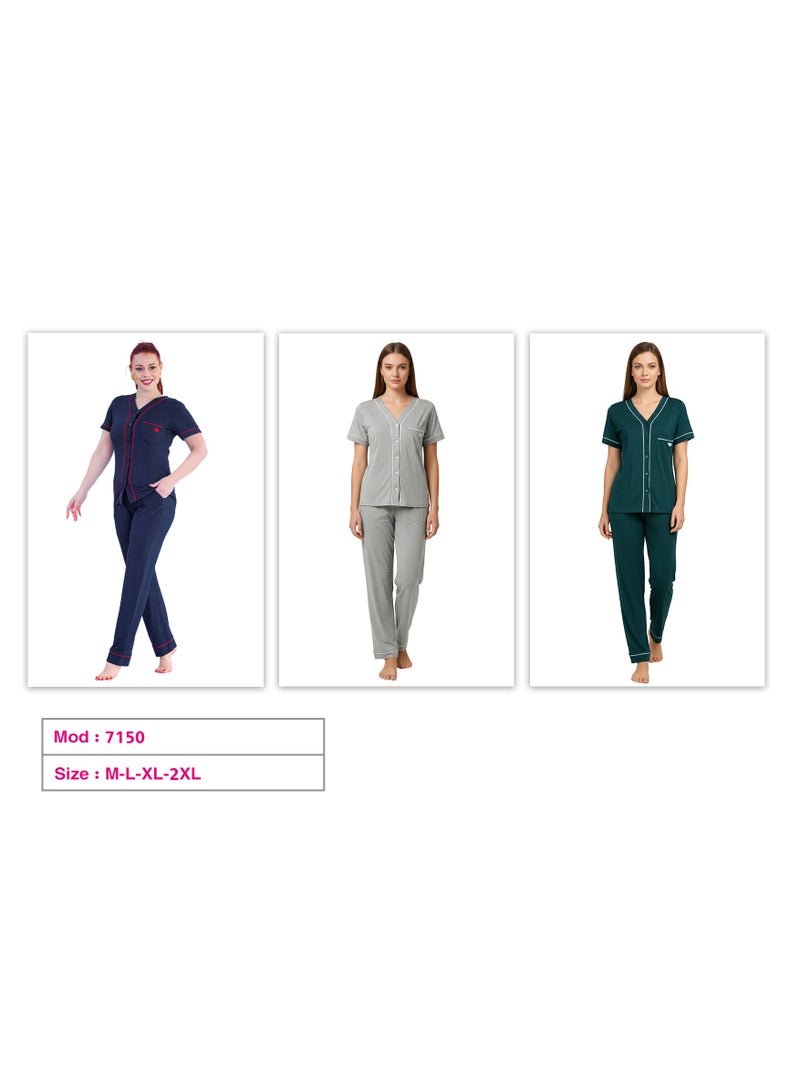 Dadoush Women's Polyester Short Sleeve V Neck Button Front Pyjama With Pocket Navy Blue Olive Silver - Image 5