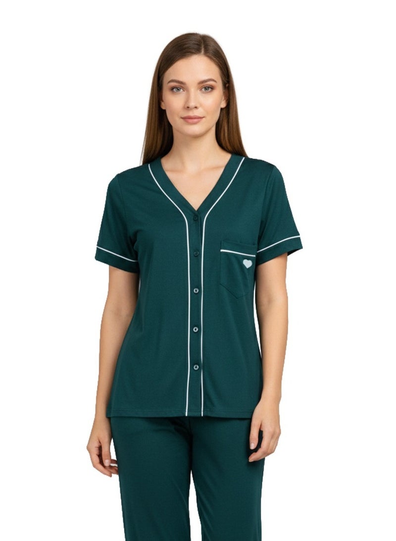 Dadoush Women's Polyester Short Sleeve V Neck Button Front Pyjama With Pocket Navy Blue Olive Silver - Image 1