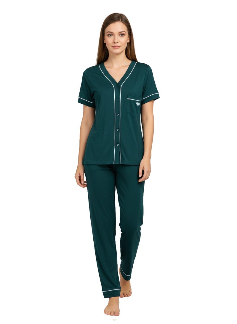 Dadoush Women's Polyester Short Sleeve V Neck Button Front Pyjama With Pocket Navy Blue Olive Silver - Image 2