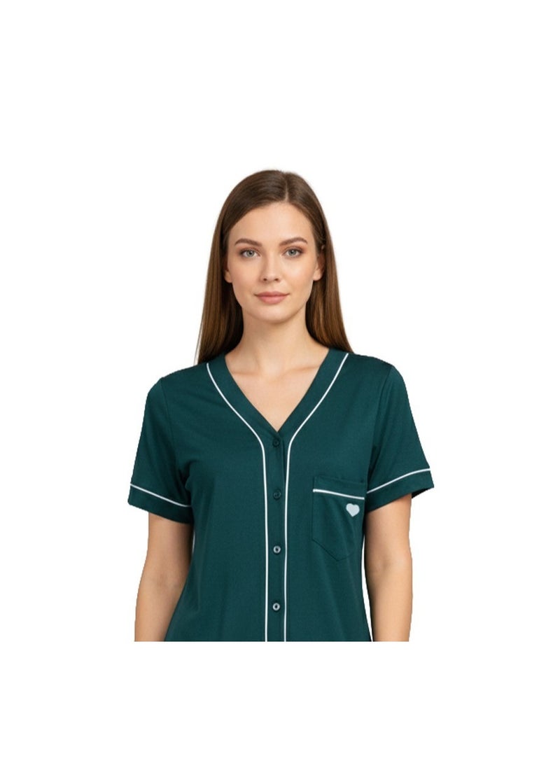 Dadoush Women's Polyester Short Sleeve V Neck Button Front Pyjama With Pocket Navy Blue Olive Silver - Image 3