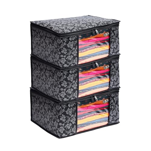 LAXIS® Saree Covers With Zip Non-Woven Printed Saree Cover/Saree Organizer For Wardrobe/Cloth Storage With Transparent Window/Saree Bags Storage/Clothes Organizer (Black- Pack of 3) - Image 1