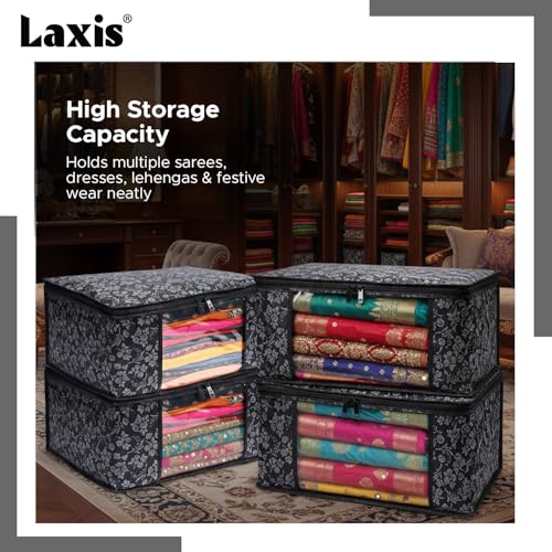 LAXIS® Saree Covers With Zip Non-Woven Printed Saree Cover/Saree Organizer For Wardrobe/Cloth Storage With Transparent Window/Saree Bags Storage/Clothes Organizer (Black- Pack of 3) - Image 5