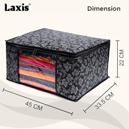 LAXIS® Saree Covers With Zip Non-Woven Printed Saree Cover/Saree Organizer For Wardrobe/Cloth Storage With Transparent Window/Saree Bags Storage/Clothes Organizer (Black- Pack of 3) - Image 2