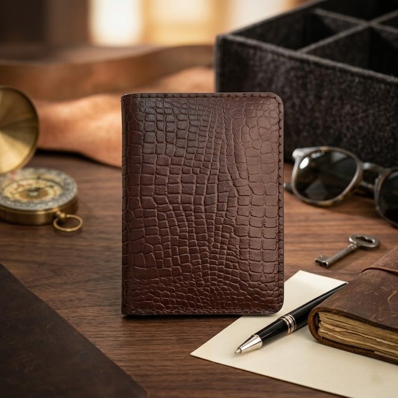 Handmade Crocodile-Pattern Leather Passport Holder – Genuine Leather Travel Wallet – 14x10 cm – Brown - Image 4
