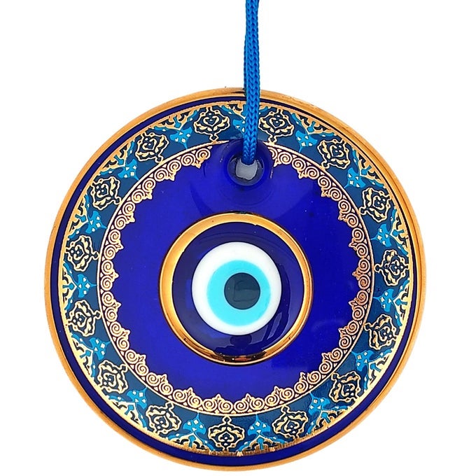 43 GLASS BLUE EVIL EYE WALL HANGING GOLD AND TURQUOISE FLORAL DESIGN ORNAMENT TURKISH NAZAR BEAD HOME PROTECTION CHARM WALL ART AMULET IN A BOX
