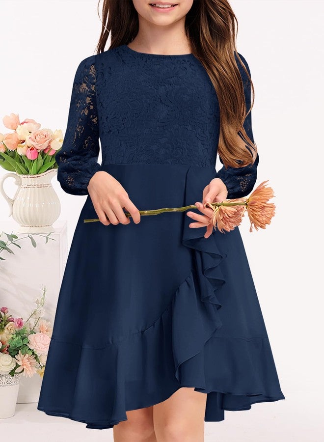 MITILLY Girls Lace Flower Ruffle Dress Long Sleeve Chiffon A Line High Low Junior Bridesmaid Dresses for Wedding Party, Navy Blue, 10 Years - Image 2