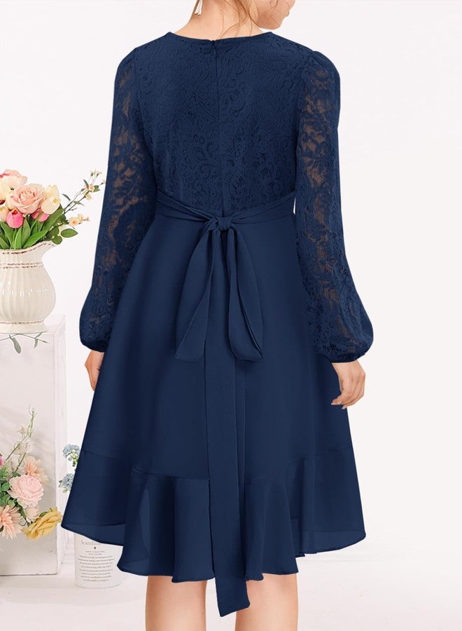 MITILLY Girls Lace Flower Ruffle Dress Long Sleeve Chiffon A Line High Low Junior Bridesmaid Dresses for Wedding Party, Navy Blue, 10 Years - Image 4