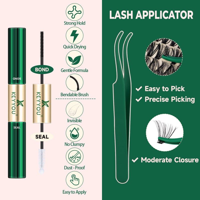 KEYYOU DIY Lash Extension Kit 280pcs Individual Lashes D Curl Eyelash Extension Kit 30D+40D 9-16Mix Lash Clusters with Lash Bond and Seal and Lash Applicator for DIY at Home(KIT-30D40D-0.07D-9-16MIX) - Image 4
