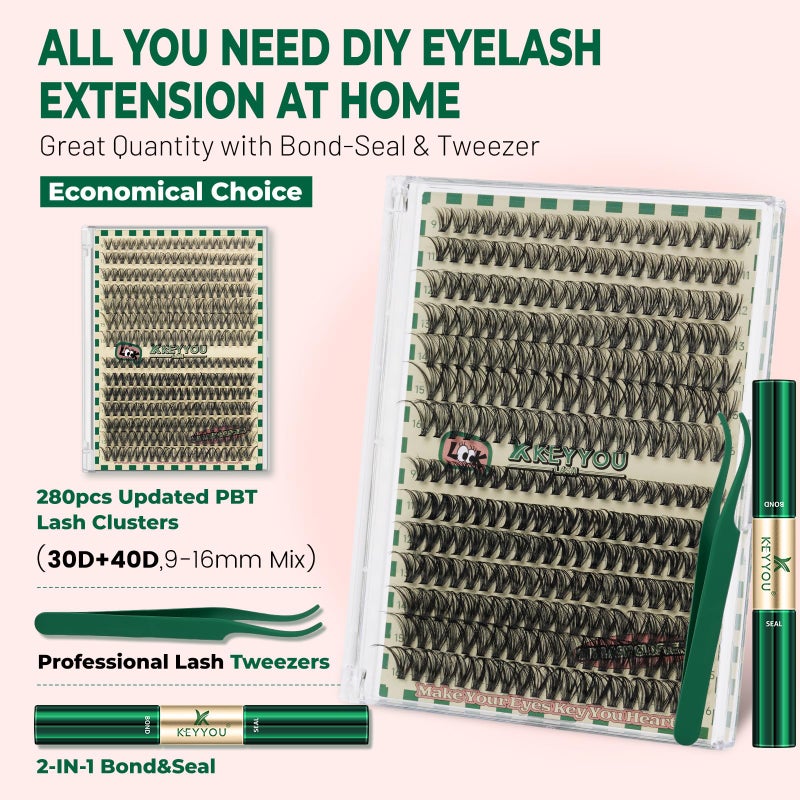 KEYYOU DIY Lash Extension Kit 280pcs Individual Lashes D Curl Eyelash Extension Kit 30D+40D 9-16Mix Lash Clusters with Lash Bond and Seal and Lash Applicator for DIY at Home(KIT-30D40D-0.07D-9-16MIX) - Image 2
