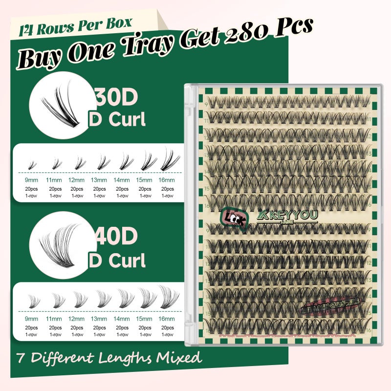 KEYYOU DIY Lash Extension Kit 280pcs Individual Lashes D Curl Eyelash Extension Kit 30D+40D 9-16Mix Lash Clusters with Lash Bond and Seal and Lash Applicator for DIY at Home(KIT-30D40D-0.07D-9-16MIX) - Image 3