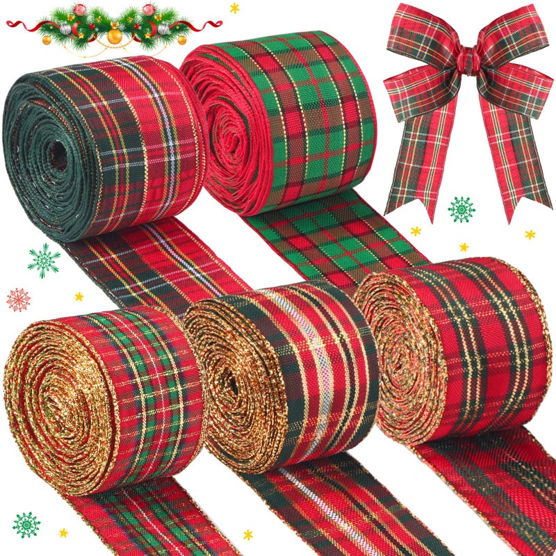 Tatuo 5 Rolls 30 Yards Christmas Red Plaid Ribbon Gingham Check Wired Edge Wrapping Ribbon Tartan Decor for Christmas DIY Crafts Present Wrapping Gift Home Decorations Bows16 Inch Wide - Image 2