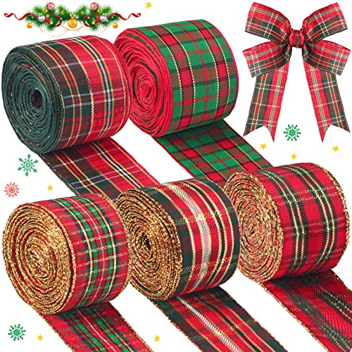 Tatuo 5 Rolls 30 Yards Christmas Red Plaid Ribbon Gingham Check Wired Edge Wrapping Ribbon Tartan Decor for Christmas DIY Crafts Present Wrapping Gift Home Decorations Bows16 Inch Wide - Image 1