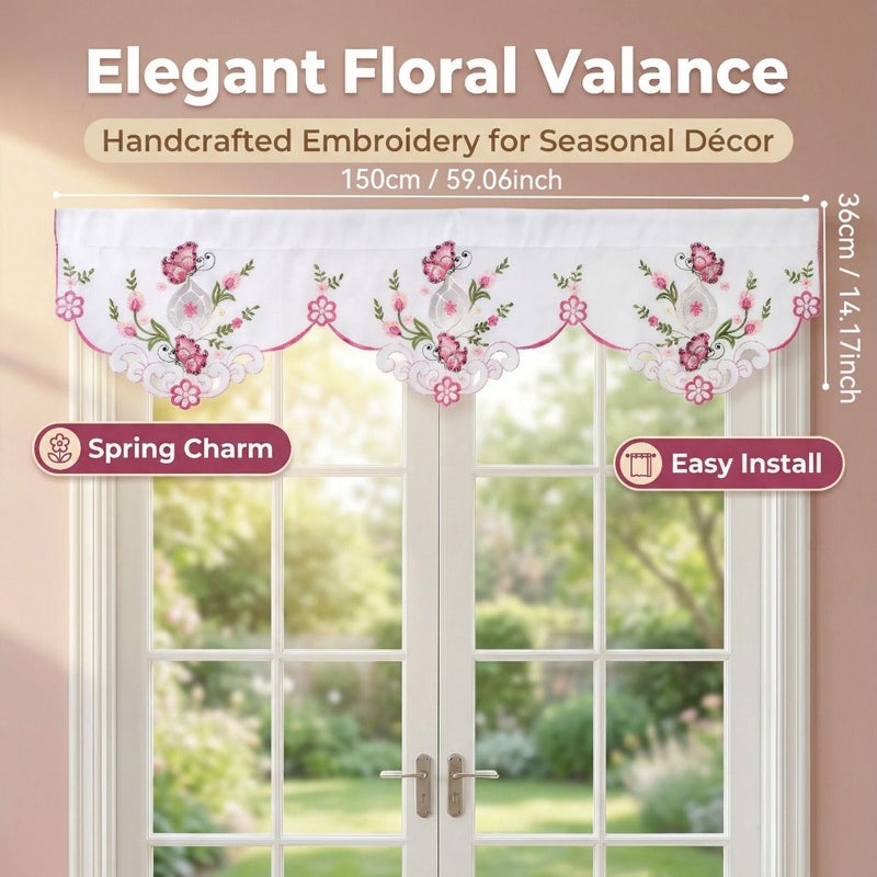 Handmade Embroidered Floral Butterfly Curtain Valance Pink 59x14 Inch Rod Pocket Window Decor - Image 2