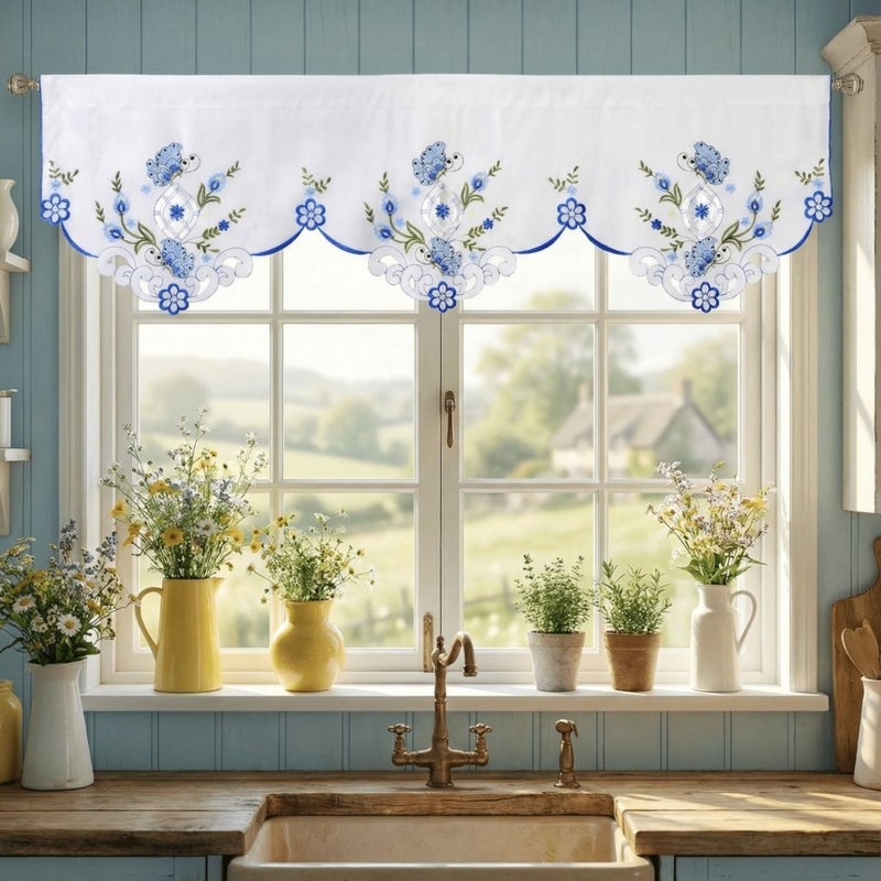 Handmade Embroidered Floral Butterfly Curtain Valance Pink 59x14 Inch Rod Pocket Window Decor - Image 1