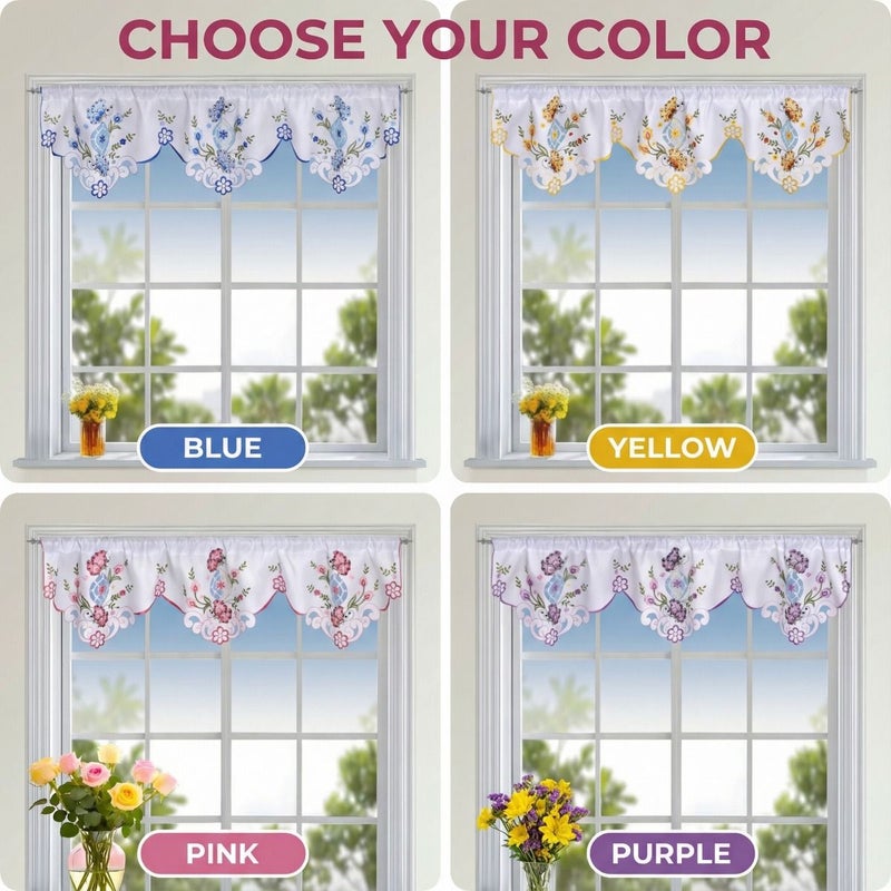 Handmade Embroidered Floral Butterfly Curtain Valance Pink 59x14 Inch Rod Pocket Window Decor - Image 3