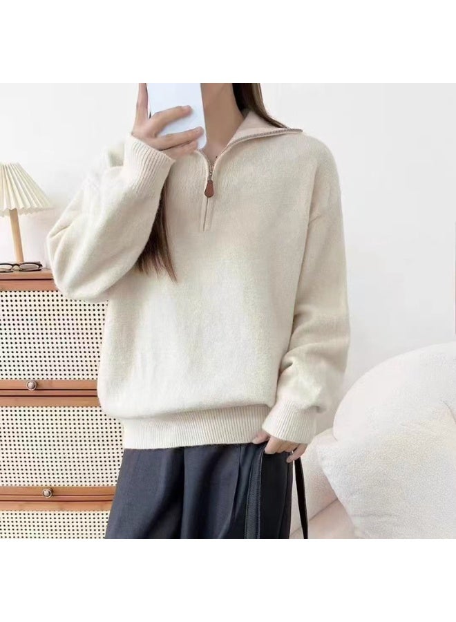 NIBEMINENT Women Turn Down Collar Zip Collar Long Lantern Sleeve Knitted Korean knitted Pullover Sweater Tops - Image 1