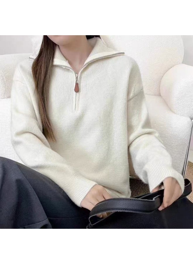 NIBEMINENT Women Turn Down Collar Zip Collar Long Lantern Sleeve Knitted Korean knitted Pullover Sweater Tops - Image 2