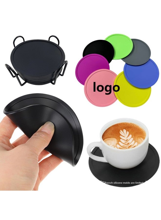 Round Coaster Silicone Coaster Simple With Anti-overflow Ring Coaster Mat Food Grade Non-slip Heat Insulation Tea Coaster Mat Coffee Mat-Color:12 Pieces + Storage Rack Opp Bag-Specifications:10*10*0.3cm  - Image 2