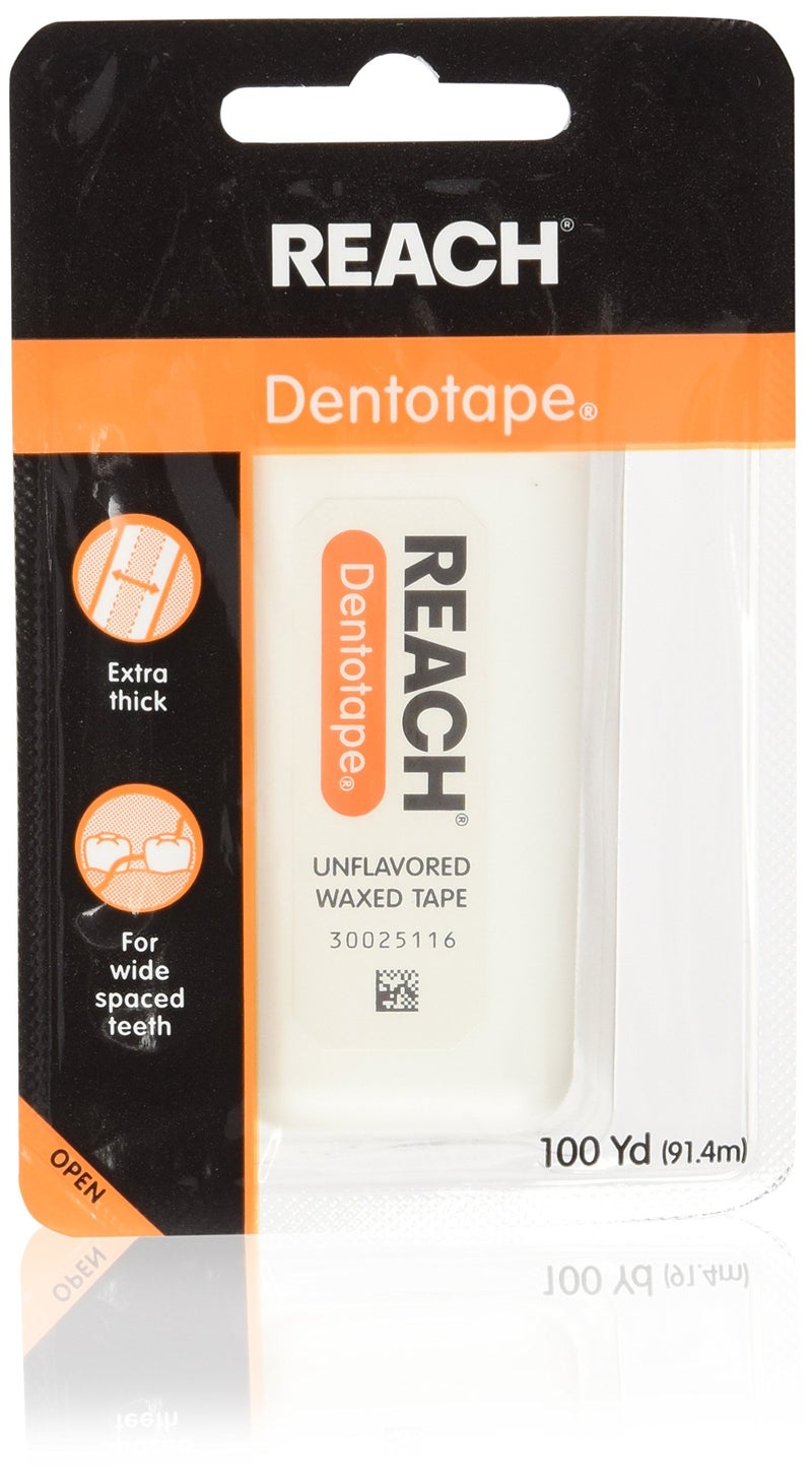 Reach Dentotape Waxed Dental Floss with Extra Wide Cleaning Surface for Large Spaces between Teeth Unflavored 100 Yards Pack of 4
