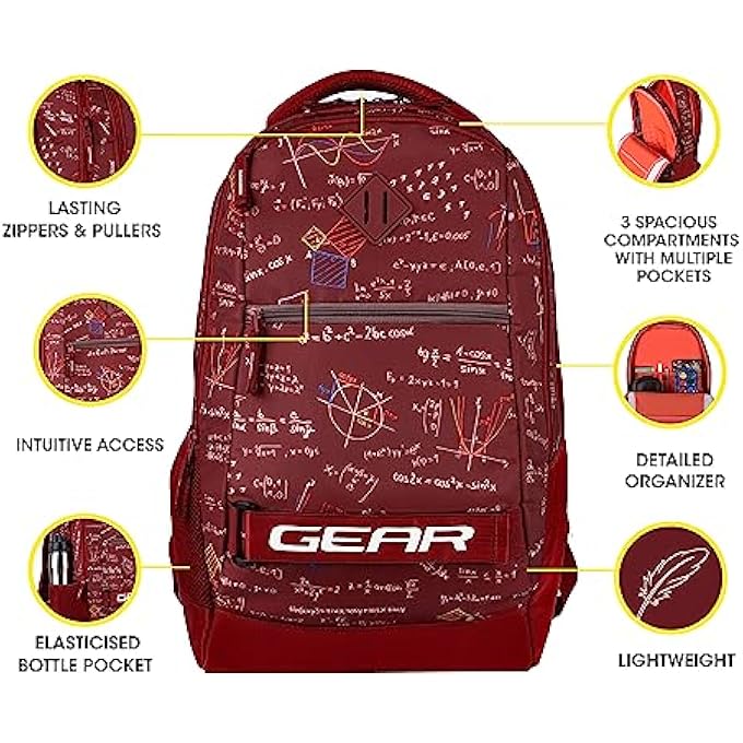 Gear Calculus 34L Large Water Resistant School Bag with Rain CoverKids BagCasual BackpackDaypackTravel BackpackCollege Bag for BoysMen Maroon - Image 2