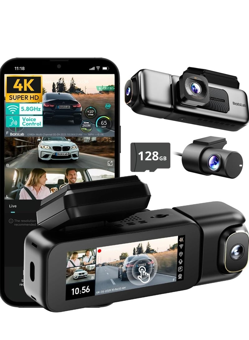 بوتسلاب كاميرا تابلوه 3 قنوات 4K مع بطاقة 128GB وشاشة لمس 3.2 انش وتحكم صوتي وتسجيل حلقي داخلي امامي 4K و1080P وواي فاي 5.8GHz ونظام تحديد المواقع ورؤية ليلية WDR ووضع وقوف السيارات من بوتسلاب - Image 1