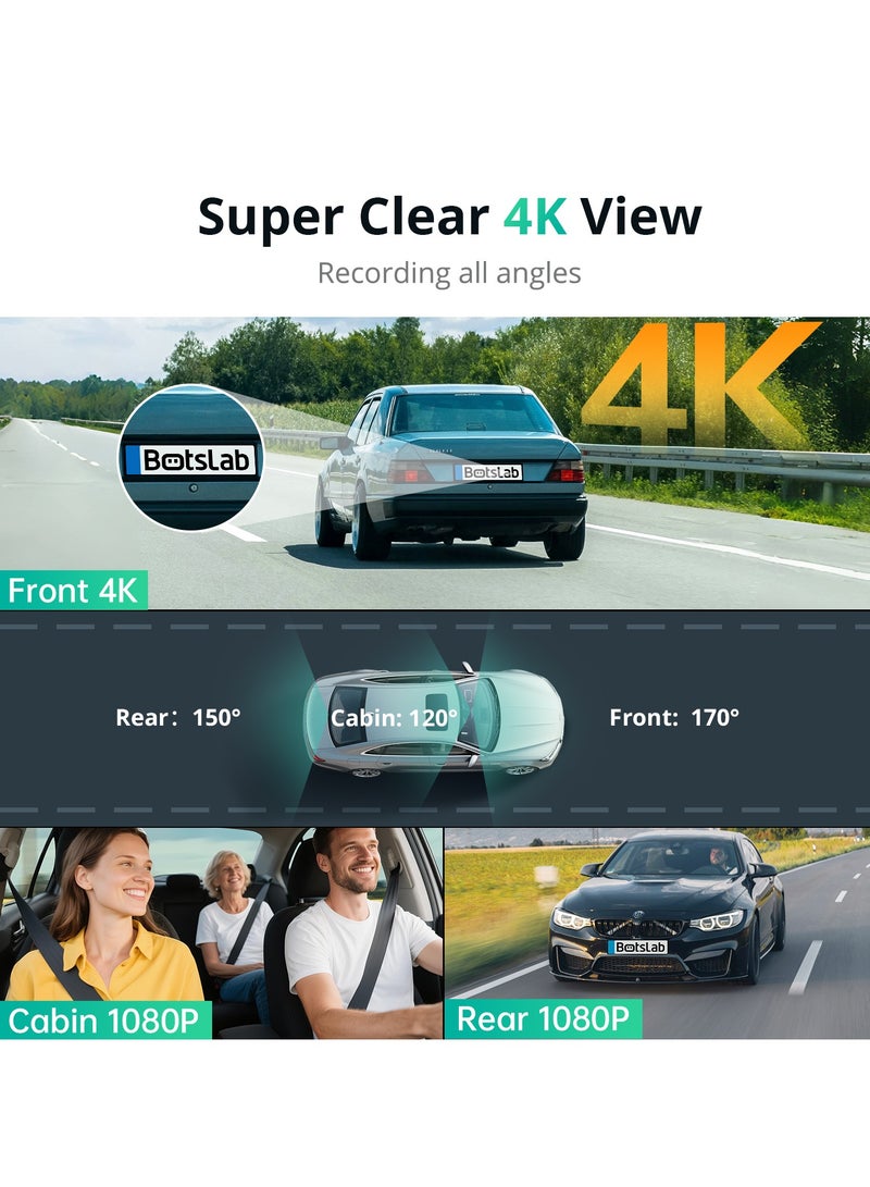 بوتسلاب كاميرا تابلوه 3 قنوات 4K مع بطاقة 128GB وشاشة لمس 3.2 انش وتحكم صوتي وتسجيل حلقي داخلي امامي 4K و1080P وواي فاي 5.8GHz ونظام تحديد المواقع ورؤية ليلية WDR ووضع وقوف السيارات من بوتسلاب - Image 2